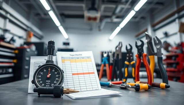 A well-organized workspace featuring error-proofing staging tools prominently displayed. In the foreground, showcase color-coded checklists neatly arranged alongside a torque indicator, emphasizing their role in ensuring accuracy. In the middle ground, include a set of high-quality hand tools with different color-coded grips, symbolizing categorization and functionality. The background should reveal a clean, well-lit workshop environment, with flickering fluorescent lights overhead to emphasize a professional atmosphere. The overall mood is one of efficiency and precision, highlighting the importance of error prevention in custom equipment setups. The camera angle is slightly tilted downward, capturing the depth of the workspace while focusing clearly on the tools. A well-organized workspace featuring error-proofing staging tools prominently displayed. In the foreground, showcase color-coded checklists neatly arranged alongside a torque indicator, emphasizing their role in ensuring accuracy. In the middle ground, include a set of high-quality hand tools with different color-coded grips, symbolizing categorization and functionality. The background should reveal a clean, well-lit workshop environment, with flickering fluorescent lights overhead to emphasize a professional atmosphere. The overall mood is one of efficiency and precision, highlighting the importance of error prevention in custom equipment setups. The camera angle is slightly tilted downward, capturing the depth of the workspace while focusing clearly on the tools.