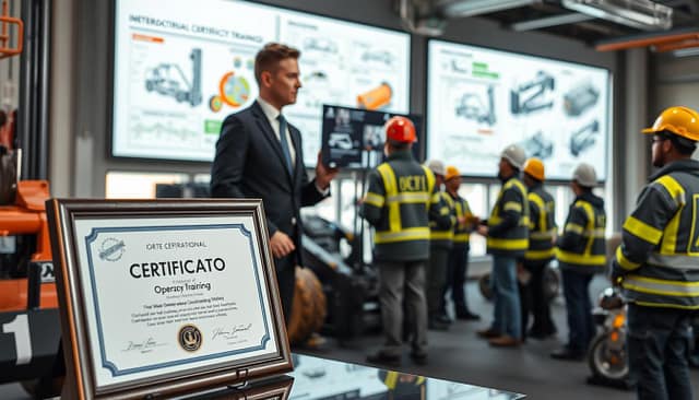 An industrial training certification scene focusing on operator training. In the foreground, a certification plaque prominently displayed, glistening under soft, diffused lighting. Nearby, an instructor in formal business attire engages with a diverse group of trainees, all wearing safety helmets and technical workwear, interacting with machinery and training equipment. The middle layer showcases a modern training room with large screens displaying diagrams of machinery and safety protocols, giving an atmosphere of professionalism and focus. In the background, large windows allow natural light to flood the space, enhancing the uplifting mood of dedication and learning. The setting conveys seriousness yet a supportive environment for growth and achievement in operator training. An industrial training certification scene focusing on operator training. In the foreground, a certification plaque prominently displayed, glistening under soft, diffused lighting. Nearby, an instructor in formal business attire engages with a diverse group of trainees, all wearing safety helmets and technical workwear, interacting with machinery and training equipment. The middle layer showcases a modern training room with large screens displaying diagrams of machinery and safety protocols, giving an atmosphere of professionalism and focus. In the background, large windows allow natural light to flood the space, enhancing the uplifting mood of dedication and learning. The setting conveys seriousness yet a supportive environment for growth and achievement in operator training.