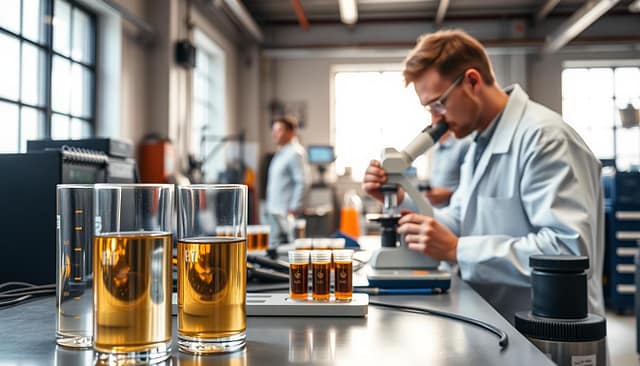 An industrial workstation focused on lubrication condition monitoring, featuring a professional technician in a clean, modern workshop setting. In the foreground, there are detailed sight glasses indicating oil clarity and contamination levels. The middle ground includes a laboratory setup with a ferrography microscope and particle counting equipment, displaying an array of oil samples. In the background, soft, diffused natural light streams in from a nearby window, creating a calm atmosphere conducive to precision work. The scene should convey a sense of diligence and professionalism, emphasizing the importance of regular condition checks in maintenance practices. The technician wears a white lab coat, diligently examining an oil sample under the microscope, while tools and equipment neatly arranged reflect a well-organized workspace. An industrial workstation focused on lubrication condition monitoring, featuring a professional technician in a clean, modern workshop setting. In the foreground, there are detailed sight glasses indicating oil clarity and contamination levels. The middle ground includes a laboratory setup with a ferrography microscope and particle counting equipment, displaying an array of oil samples. In the background, soft, diffused natural light streams in from a nearby window, creating a calm atmosphere conducive to precision work. The scene should convey a sense of diligence and professionalism, emphasizing the importance of regular condition checks in maintenance practices. The technician wears a white lab coat, diligently examining an oil sample under the microscope, while tools and equipment neatly arranged reflect a well-organized workspace.