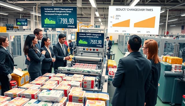 A busy packaging facility capturing a successful SMED (Single-Minute Exchange of Dies) implementation. In the foreground, a diverse team of professionals in smart business attire stands around a clearly organized work station, discussing their processes with enthusiasm. In the middle ground, a vibrant production line shows machinery operating efficiently, with packaging materials moving seamlessly, showcasing increased throughput. In the background, digital screens display metrics of reduced changeover times, emphasizing improvement, with charts highlighting averages and variances. Soft, bright lighting enhances the clean, efficient atmosphere, while a wide-angle lens captures the bustling environment, symbolizing productivity and teamwork. The overall mood is positive, dynamic, and driven by innovation. A busy packaging facility capturing a successful SMED (Single-Minute Exchange of Dies) implementation. In the foreground, a diverse team of professionals in smart business attire stands around a clearly organized work station, discussing their processes with enthusiasm. In the middle ground, a vibrant production line shows machinery operating efficiently, with packaging materials moving seamlessly, showcasing increased throughput. In the background, digital screens display metrics of reduced changeover times, emphasizing improvement, with charts highlighting averages and variances. Soft, bright lighting enhances the clean, efficient atmosphere, while a wide-angle lens captures the bustling environment, symbolizing productivity and teamwork. The overall mood is positive, dynamic, and driven by innovation.