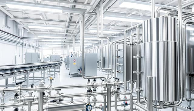 A detailed illustration of a CIP skid system designed for a dairy plant. In the foreground, showcase a stainless steel CIP skid with connected hoses and valves, emphasizing the intricate design and layout. The middle ground features return lines leading from conveyor belts, along with visible heat recovery systems and chemical compatibility stations. In the background, depict the interior of a modern dairy facility with clear, hygienic surfaces and bright overhead lighting that illuminates the scene, creating a sterile and efficient atmosphere. Use a slightly angled perspective to highlight the complexity of the utilities while ensuring a professional and clean aesthetic throughout the image, focusing on the engineering elements and functionality. A detailed illustration of a CIP skid system designed for a dairy plant. In the foreground, showcase a stainless steel CIP skid with connected hoses and valves, emphasizing the intricate design and layout. The middle ground features return lines leading from conveyor belts, along with visible heat recovery systems and chemical compatibility stations. In the background, depict the interior of a modern dairy facility with clear, hygienic surfaces and bright overhead lighting that illuminates the scene, creating a sterile and efficient atmosphere. Use a slightly angled perspective to highlight the complexity of the utilities while ensuring a professional and clean aesthetic throughout the image, focusing on the engineering elements and functionality.