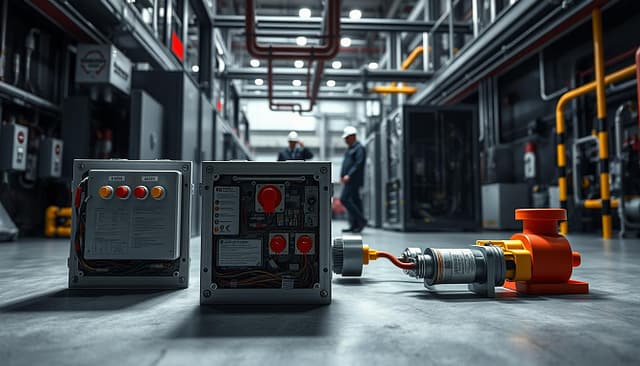A detailed technical visualization of intrinsically safe barriers in a hazardous area modernization setting. In the foreground, showcase components such as gas detection logic panels and e-stop controls, prominently displaying their intricate wiring and labels. The middle ground features purged panel installations and robust cable seals, all designed for safety compliance. In the background, depict an industrial environment with muted lighting that emphasizes the seriousness of the setting, while task-focused engineers in professional attire analyze the setup. Use a slightly low angle to provide a dramatic perspective, with a focus on shadows to enhance the mood of innovation and strict safety measures. Ensure all elements convey a sense of advanced engineering and modern technology without any distractions. A detailed technical visualization of intrinsically safe barriers in a hazardous area modernization setting. In the foreground, showcase components such as gas detection logic panels and e-stop controls, prominently displaying their intricate wiring and labels. The middle ground features purged panel installations and robust cable seals, all designed for safety compliance. In the background, depict an industrial environment with muted lighting that emphasizes the seriousness of the setting, while task-focused engineers in professional attire analyze the setup. Use a slightly low angle to provide a dramatic perspective, with a focus on shadows to enhance the mood of innovation and strict safety measures. Ensure all elements convey a sense of advanced engineering and modern technology without any distractions.