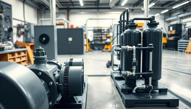 A detailed view of a modular skid system in an industrial setting, focusing on standard pump, filtration, and reactor skids. In the foreground, show a close-up of a sleek, modern pump skid with visible piping and valves, highlighting precision engineering. In the middle ground, depict filtration units aligned next to the pump skid, with clear tie-points connecting different modules. The background should feature an ambient, well-lit workshop with tools and equipment neatly organized, emphasizing a high-tech atmosphere. Use soft, natural lighting to create a clean, professional look, and capture this scene from a low-angle perspective to convey the scale and complexity of the installations. Ensure the overall mood is productive and innovative. A detailed view of a modular skid system in an industrial setting, focusing on standard pump, filtration, and reactor skids. In the foreground, show a close-up of a sleek, modern pump skid with visible piping and valves, highlighting precision engineering. In the middle ground, depict filtration units aligned next to the pump skid, with clear tie-points connecting different modules. The background should feature an ambient, well-lit workshop with tools and equipment neatly organized, emphasizing a high-tech atmosphere. Use soft, natural lighting to create a clean, professional look, and capture this scene from a low-angle perspective to convey the scale and complexity of the installations. Ensure the overall mood is productive and innovative.