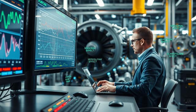 A detailed visualization of a condition monitoring model tuning process in a high-tech industrial setting. In the foreground, a control monitor displays intricate graphs and algorithms, indicating thresholds and false-positive alerts. The middle ground features an engineer in professional attire, intently analyzing data and adjusting model parameters on a laptop. In the background, an intricate array of sensors and machinery, including a critical fan train, can be seen, surrounded by analytical data points and seasonal effect indicators illuminated in soft blue and green tones. The lighting is bright and focused, with a slight glow from the screens, creating an atmosphere of innovation and precision. The camera angle captures a dynamic view, emphasizing the interaction between the engineer and the monitoring equipment. A detailed visualization of a condition monitoring model tuning process in a high-tech industrial setting. In the foreground, a control monitor displays intricate graphs and algorithms, indicating thresholds and false-positive alerts. The middle ground features an engineer in professional attire, intently analyzing data and adjusting model parameters on a laptop. In the background, an intricate array of sensors and machinery, including a critical fan train, can be seen, surrounded by analytical data points and seasonal effect indicators illuminated in soft blue and green tones. The lighting is bright and focused, with a slight glow from the screens, creating an atmosphere of innovation and precision. The camera angle captures a dynamic view, emphasizing the interaction between the engineer and the monitoring equipment.