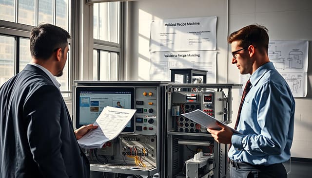 A detailed workspace showcasing a modern fabrication setup for retrofitting legacy equipment. In the foreground, a technician in professional business attire reviews change-control documents while examining digital software mockups on a sleek monitor. The middle layer features an open control panel with various wires and components, alongside equipment for digitizing the 1990s filler machine. In the background, large windows allow natural light to illuminate the room, casting soft shadows that create a professional yet inviting atmosphere. A technical blueprint of recipe mapping is pinned to the wall. The image captures a sense of focus and innovation, highlighting the intricate process of validation in machinery retrofitting. A detailed workspace showcasing a modern fabrication setup for retrofitting legacy equipment. In the foreground, a technician in professional business attire reviews change-control documents while examining digital software mockups on a sleek monitor. The middle layer features an open control panel with various wires and components, alongside equipment for digitizing the 1990s filler machine. In the background, large windows allow natural light to illuminate the room, casting soft shadows that create a professional yet inviting atmosphere. A technical blueprint of recipe mapping is pinned to the wall. The image captures a sense of focus and innovation, highlighting the intricate process of validation in machinery retrofitting.