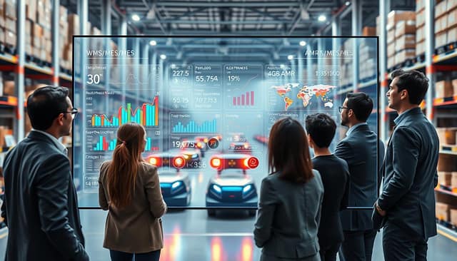 A futuristic WMS/MES interface displayed on a sleek, transparent screen, set in a modern warehouse environment. In the foreground, a diverse team of professionals in business attire analyzes the interface, which features vibrant graphs, real-time data points, and visualizations of AGV/AMR fleets with icons representing payloads, pickup/drop locations, and charger status. The middle ground showcases automated guided vehicles navigating through organized aisles, interacting with the digital interface. In the background, a dynamic, well-lit warehouse with industrial shelving and a clean, efficient layout reinforces the state-of-the-art logistics theme. Soft, ambient lighting enhances the high-tech atmosphere, while a wide-angle lens captures the comprehensive view of the system design in action. The mood is focused and innovative, embodying the future of material flow automation. A futuristic WMS/MES interface displayed on a sleek, transparent screen, set in a modern warehouse environment. In the foreground, a diverse team of professionals in business attire analyzes the interface, which features vibrant graphs, real-time data points, and visualizations of AGV/AMR fleets with icons representing payloads, pickup/drop locations, and charger status. The middle ground showcases automated guided vehicles navigating through organized aisles, interacting with the digital interface. In the background, a dynamic, well-lit warehouse with industrial shelving and a clean, efficient layout reinforces the state-of-the-art logistics theme. Soft, ambient lighting enhances the high-tech atmosphere, while a wide-angle lens captures the comprehensive view of the system design in action. The mood is focused and innovative, embodying the future of material flow automation.
