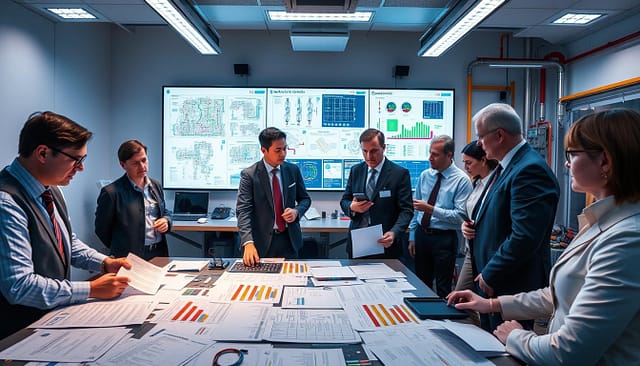 A modern hazardous area control room featuring a diverse team of professionals in business attire, engaged in collaborative discussions over detailed technical documents and schematics. In the foreground, a large table is cluttered with purge calculation sheets, loop check data, and proof test documentation, illuminated by overhead LED lighting. In the middle ground, a large wall-mounted display shows intricate master drawings and digital models of updated controls, with colorful graphs and data visualizations. The background contains industrial equipment with safety barriers, all set within a clean, organized workspace. The atmosphere is one of focus and professionalism, with a slight blue tint from the ambient lighting, suggesting high-tech innovation and a commitment to safety and precision. A modern hazardous area control room featuring a diverse team of professionals in business attire, engaged in collaborative discussions over detailed technical documents and schematics. In the foreground, a large table is cluttered with purge calculation sheets, loop check data, and proof test documentation, illuminated by overhead LED lighting. In the middle ground, a large wall-mounted display shows intricate master drawings and digital models of updated controls, with colorful graphs and data visualizations. The background contains industrial equipment with safety barriers, all set within a clean, organized workspace. The atmosphere is one of focus and professionalism, with a slight blue tint from the ambient lighting, suggesting high-tech innovation and a commitment to safety and precision.