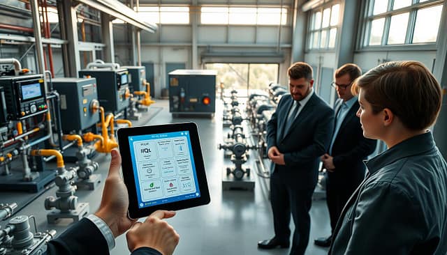 A modern industrial setting showcasing the FAT/SAT validation process for modular skids. In the foreground, a team of professionals in business attire collaborates over a digital tablet displaying a graphical interface with IQ/OQ workflows, recipe lists, alarm notifications, and electronic signature records. In the middle ground, various modular skids are arranged methodically, with piping and valves clearly visible, and data screens showing performance metrics. In the background, soft, ambient lighting emphasizes a clean, efficient workspace, while a large window reveals a sunny outdoor scene. Capture this scene from a slightly elevated angle to provide depth and perspective, highlighting teamwork and technology's integration. The atmosphere should feel dynamic and focused, representing the intensity of rapid commissioning processes. A modern industrial setting showcasing the FAT/SAT validation process for modular skids. In the foreground, a team of professionals in business attire collaborates over a digital tablet displaying a graphical interface with IQ/OQ workflows, recipe lists, alarm notifications, and electronic signature records. In the middle ground, various modular skids are arranged methodically, with piping and valves clearly visible, and data screens showing performance metrics. In the background, soft, ambient lighting emphasizes a clean, efficient workspace, while a large window reveals a sunny outdoor scene. Capture this scene from a slightly elevated angle to provide depth and perspective, highlighting teamwork and technology's integration. The atmosphere should feel dynamic and focused, representing the intensity of rapid commissioning processes.