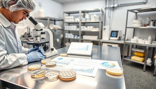 A modern laboratory setting focused on the verification process of EHEDG/3-A standards. In the foreground, a professional technician wearing a lab coat and gloves inspects swab samples under a microscope, with various petri dishes displaying microbial growth. In the middle, detailed charts and graphs showcasing micro trends are spread across a clean, stainless steel table. Soft, diffused lighting enhances the sterile environment, highlighting the importance of hygiene. The background features shelves filled with inspection equipment and hygiene materials, emphasizing a rigorous quality control atmosphere. The overall mood is focused and meticulous, conveying a sense of professionalism and scientific diligence in a hygienic design upgrade for a dairy plant. A modern laboratory setting focused on the verification process of EHEDG/3-A standards. In the foreground, a professional technician wearing a lab coat and gloves inspects swab samples under a microscope, with various petri dishes displaying microbial growth. In the middle, detailed charts and graphs showcasing micro trends are spread across a clean, stainless steel table. Soft, diffused lighting enhances the sterile environment, highlighting the importance of hygiene. The background features shelves filled with inspection equipment and hygiene materials, emphasizing a rigorous quality control atmosphere. The overall mood is focused and meticulous, conveying a sense of professionalism and scientific diligence in a hygienic design upgrade for a dairy plant.