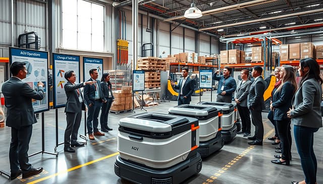 A vibrant industrial setting showcasing an AGV (Automated Guided Vehicle) rollout training session in a brownfield environment. In the foreground, a diverse group of professionals wearing business attire is actively engaged in a training workshop, pointing at informative signage depicting AGV operations, safety protocols, and change-of-shift choreography. The middle ground features sleek AGVs maneuvering smoothly along marked paths, alongside instructional posters and dynamic visuals on the walls. In the background, warehouse shelving and material handling equipment illustrate the integration of automation. Bright, natural lighting floods the space, creating an energetic and forward-thinking atmosphere, captured from a slightly elevated angle to emphasize the training event and the interaction among participants. A vibrant industrial setting showcasing an AGV (Automated Guided Vehicle) rollout training session in a brownfield environment. In the foreground, a diverse group of professionals wearing business attire is actively engaged in a training workshop, pointing at informative signage depicting AGV operations, safety protocols, and change-of-shift choreography. The middle ground features sleek AGVs maneuvering smoothly along marked paths, alongside instructional posters and dynamic visuals on the walls. In the background, warehouse shelving and material handling equipment illustrate the integration of automation. Bright, natural lighting floods the space, creating an energetic and forward-thinking atmosphere, captured from a slightly elevated angle to emphasize the training event and the interaction among participants.