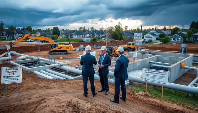 A construction site for a wastewater treatment upgrade, showcasing various phases of construction. In the foreground, professional workers in business attire are inspecting blueprints and discussing plans. The middle ground features construction machinery such as excavators and bulldozers, with partially constructed treatment facilities, pipes, and concrete structures. Nearby, signs indicate bypassing processes and caution notices for odor management. In the background, a residential neighborhood with concerned neighbors watching from a distance, coupled with a stormy sky to portray potential storm events. Soft, diffused lighting captures the early evening mood, emphasizing a serious but hopeful atmosphere as the project moves toward compliance and improved water reuse. A construction site for a wastewater treatment upgrade, showcasing various phases of construction. In the foreground, professional workers in business attire are inspecting blueprints and discussing plans. The middle ground features construction machinery such as excavators and bulldozers, with partially constructed treatment facilities, pipes, and concrete structures. Nearby, signs indicate bypassing processes and caution notices for odor management. In the background, a residential neighborhood with concerned neighbors watching from a distance, coupled with a stormy sky to portray potential storm events. Soft, diffused lighting captures the early evening mood, emphasizing a serious but hopeful atmosphere as the project moves toward compliance and improved water reuse.