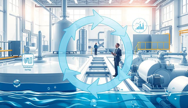 A detailed illustration of a "reuse loop" concept in a wastewater treatment facility, positioned prominently in the foreground. The loop consists of visually impactful arrows symbolizing the process of recycling water, surrounded by icons of compliance documentation and savings graphs. In the middle ground, depict modern industrial equipment, such as treatment tanks and pumps, with trained professionals in business attire observing and analyzing data. The background should feature a bright, clean facility illuminated by natural light streaming through windows, conveying a sense of innovation and sustainability. The mood is optimistic and forward-looking, reflecting the successful outcomes of compliance and water reuse strategies. A detailed illustration of a "reuse loop" concept in a wastewater treatment facility, positioned prominently in the foreground. The loop consists of visually impactful arrows symbolizing the process of recycling water, surrounded by icons of compliance documentation and savings graphs. In the middle ground, depict modern industrial equipment, such as treatment tanks and pumps, with trained professionals in business attire observing and analyzing data. The background should feature a bright, clean facility illuminated by natural light streaming through windows, conveying a sense of innovation and sustainability. The mood is optimistic and forward-looking, reflecting the successful outcomes of compliance and water reuse strategies.