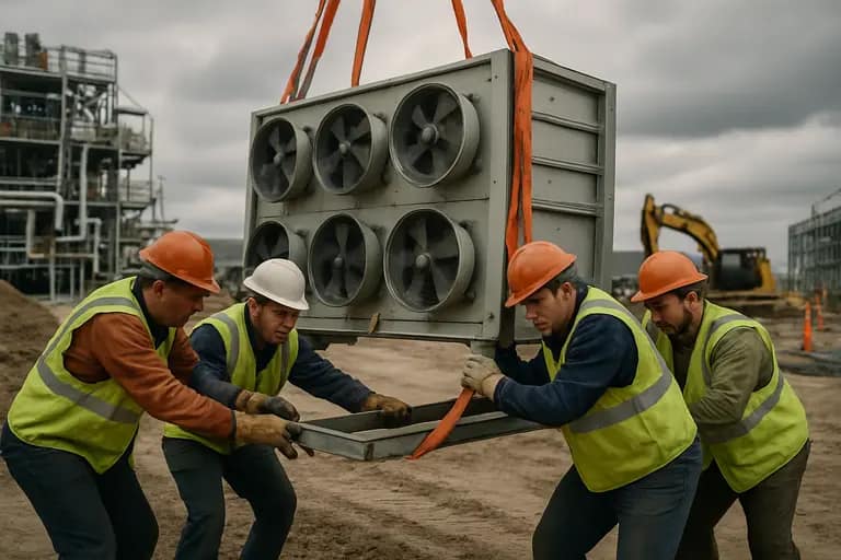 Engineers inspect equipment near storage and power infrastructure
