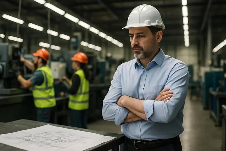 Engineers reviewing a compact automated apparel production cell on a factory floor