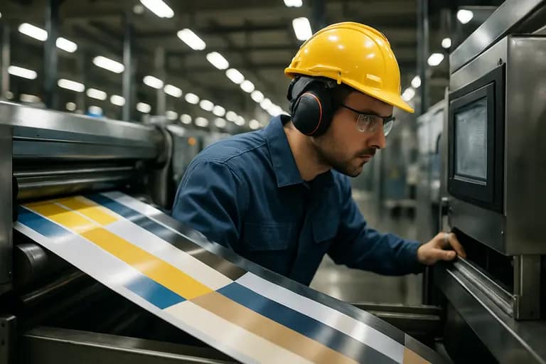 Engineer reviewing thin film samples and substrate carriers near a deposition tool