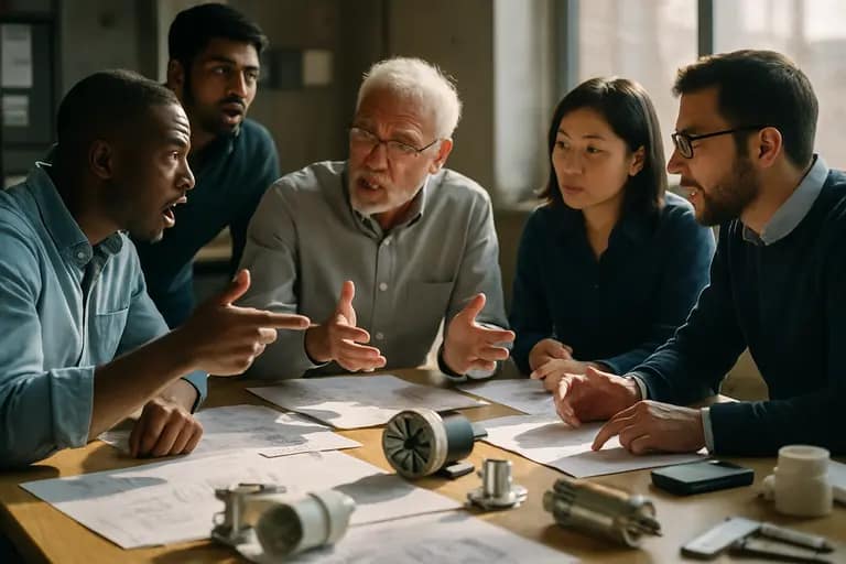 Engineers examine pilot-scale battery equipment in a clean workspace