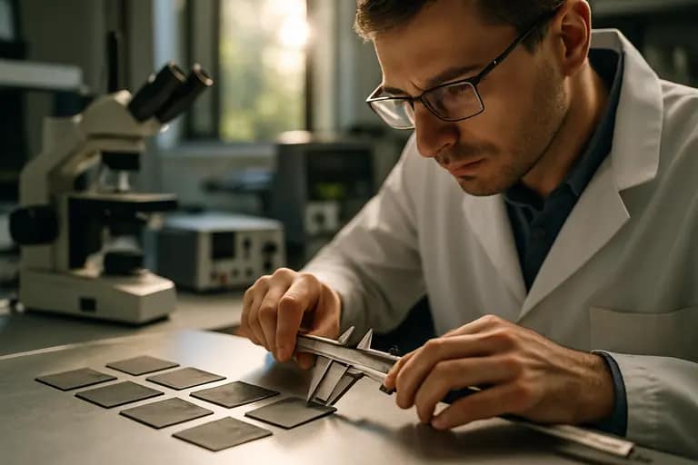 Researcher reviewing battery cycling data beside test channels
